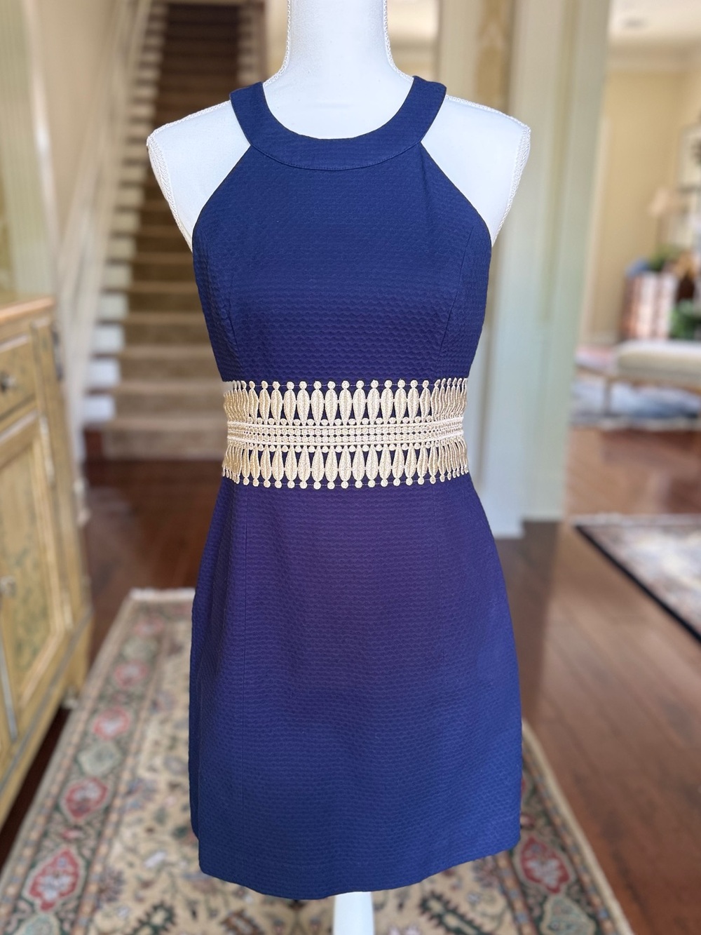 Lilly Pulitzer Navy Halter Dress with Crochet Metallic Gold Waist
